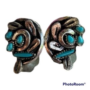 Vtg Faux Silver & Turquoise Clip Earrings